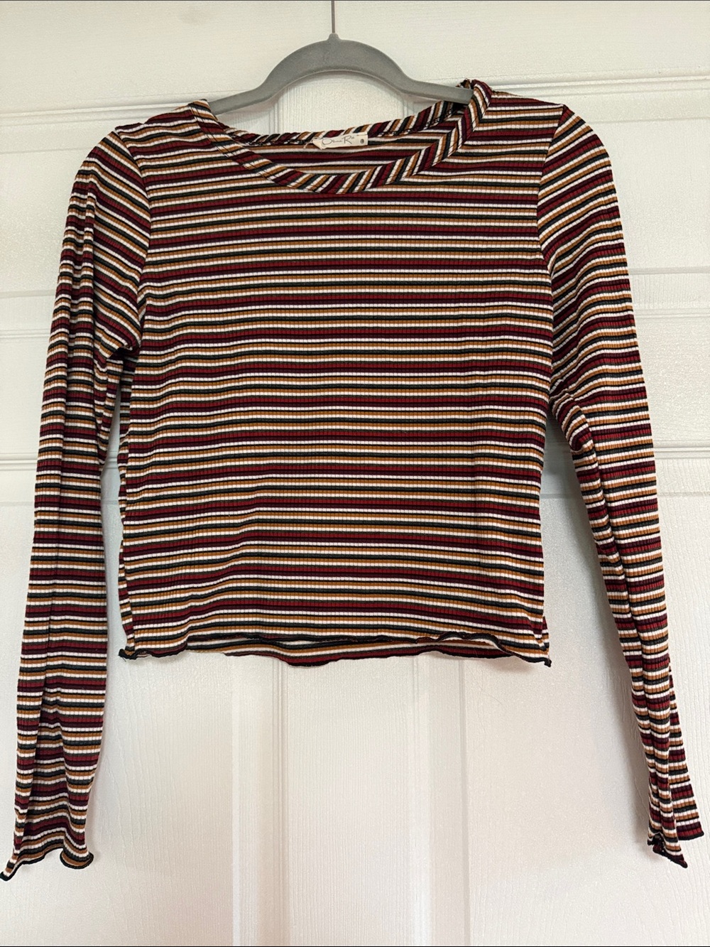 Olivia Rae Burgundy and Mustard Striped Ribbed Long-Sleeve Top